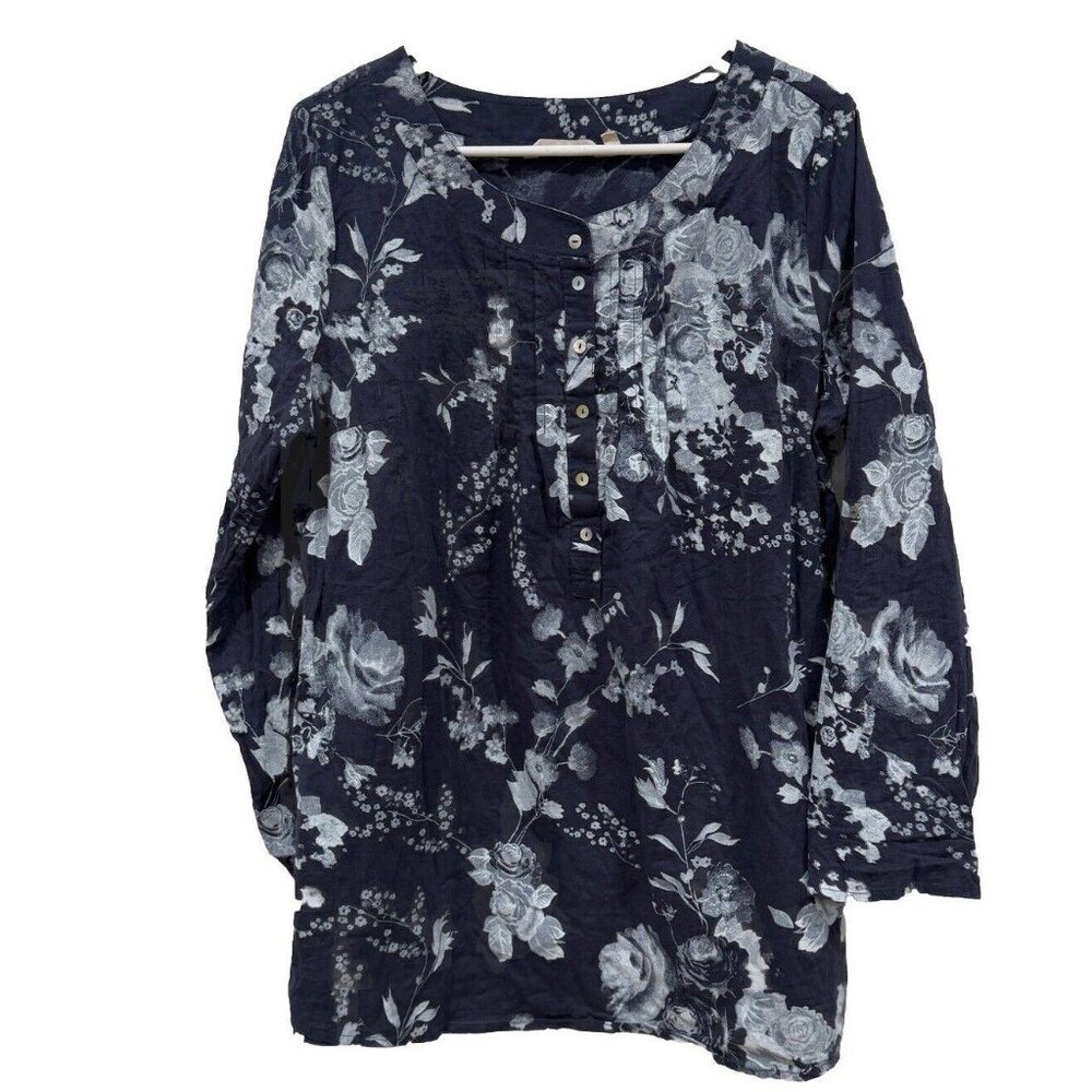 Soft‎ Surroundings Blue Tuberosa Floral Blouse Size Petite L Roll Tab Sleeve Top